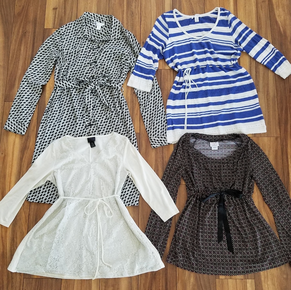 Three maternity shirts and one maternity dress - all size small